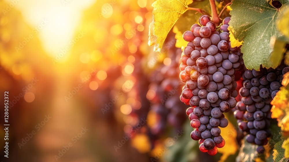 Ripe red grapes hanging on vine at sunset in vineyard. Ripe red grapes hanging on vine at sunset in vineyard.
