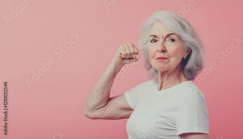 Strong senior woman flexing her arm against pink background