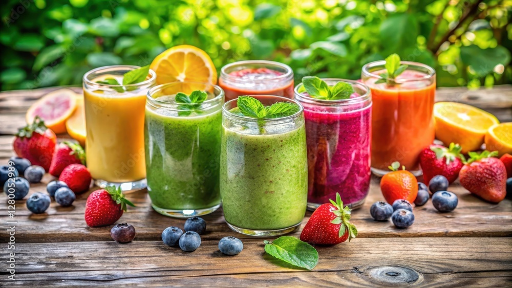 Colourful smoothies in glasses on a rustic wooden table with a few fresh fruits and greenery, surrounded by natural light Colourful smoothies in glasses on a rustic wooden table with a few fresh fruits and greenery, surrounded by natural light