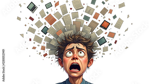 Simple 2D illustration of a human head with an open top, and a chaotic flood of papers, screens, and messages pouring in, symbolizing information overload, on a plain white background.
