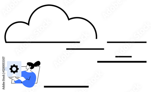 Woman holds gear icon while sitting with a tablet, indicating cloud settings management. Ideal for cloud computing, technology tools, data storage, web services, innovation, system configuration