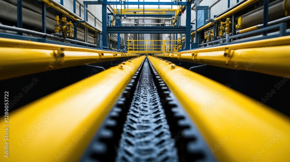 Fototapeta premium Industrial facility showcasing yellow pipes and conveyor system in a well-lit environment