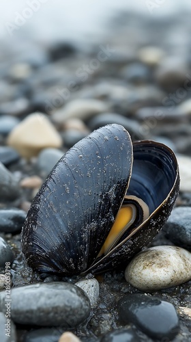 Open mussel shell on beach pebbles photo