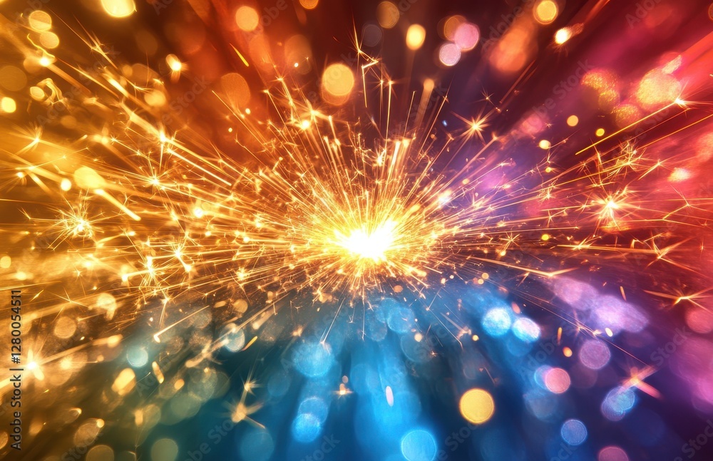 Fototapeta premium Vibrant Sparkle Explosion in a Colorful Abstract Background with Radiant Rays of Light and Dazzling Bokeh Effect for Creative Design and Art Projects