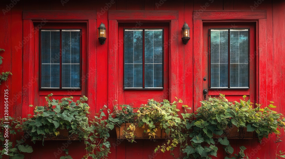 Red building doors, plants, garden, windows, exterior Red building doors, plants, garden, windows, exterior