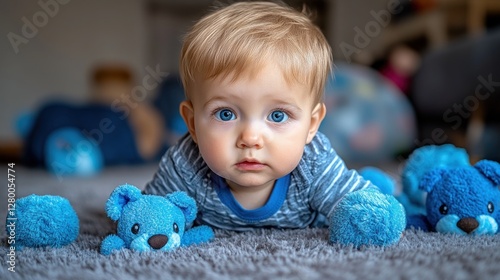 Adorable baby boy with blue eyes surrounded by blue teddy bears on a grey carpet.