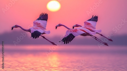 Two flamingos in flight at sunset over calm water.