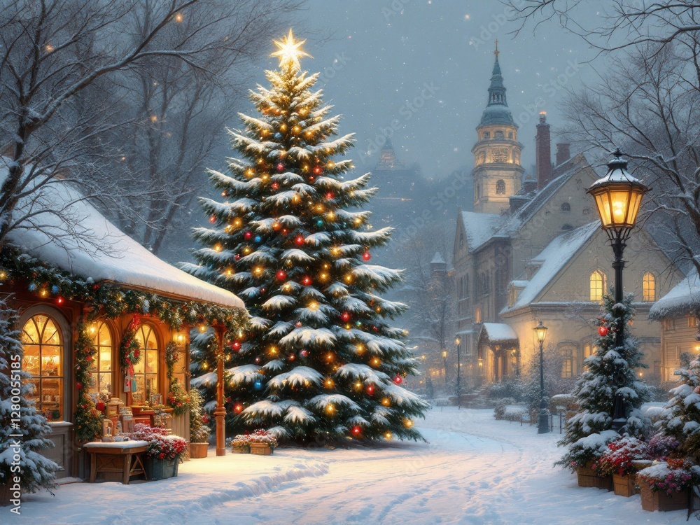 Fototapeta premium Christmas tree adorned with lights in snowy town center