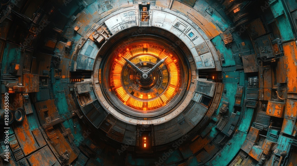 Futuristic clock embedded in a complex, circular, metallic structure with teal and orange accents. Futuristic clock embedded in a complex, circular, metallic structure with teal and orange accents.