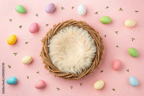 Newborn photography digital backdrop. Easter eggs on pink background, fur and nest. photo