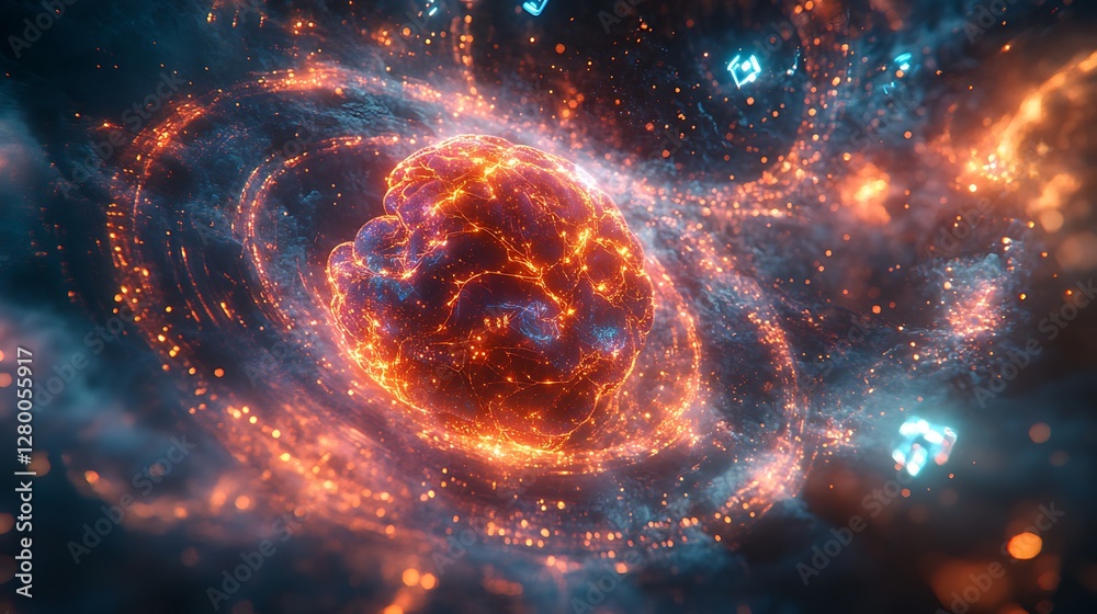 Fototapeta premium A cyber brain grid glowing with interconnected neural pathways, vibrant quantum chips integrated into the structure, surrounded by swirling holographic overlays and luminous cosmic energy,