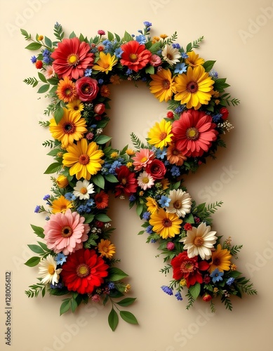 letter, R, floral, flowers, vibrant, colorful, artistic, elegant, design, organic, natural, red, yellow, pink, blue, white, blooms, green, leaves, accents, beige, background, soft, texture, warm,