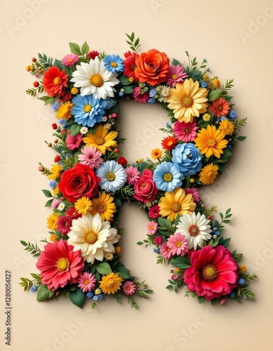 letter, R, floral, flowers, vibrant, colorful, artistic, elegant, design, organic, natural, red, yellow, pink, blue, white, blooms, green, leaves, accents, beige, background, soft, texture, warm,