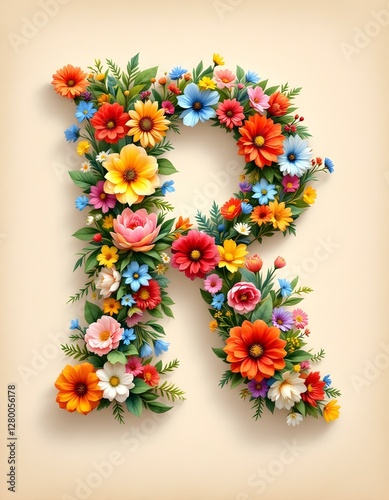 letter, R, floral, flowers, vibrant, colorful, artistic, elegant, design, organic, natural, red, yellow, pink, blue, white, blooms, green, leaves, accents, beige, background, soft, texture, warm,
