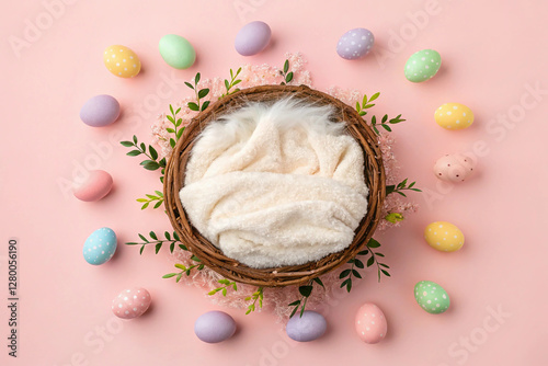 Newborn photography digital backdrop. Easter eggs on pink background, fur and nest. photo