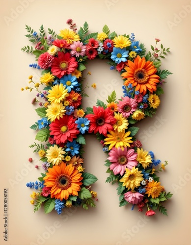 letter, R, floral, flowers, vibrant, colorful, artistic, elegant, design, organic, natural, red, yellow, pink, blue, white, blooms, green, leaves, accents, beige, background, soft, texture, warm,