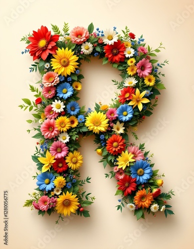 letter, R, floral, flowers, vibrant, colorful, artistic, elegant, design, organic, natural, red, yellow, pink, blue, white, blooms, green, leaves, accents, beige, background, soft, texture, warm,
