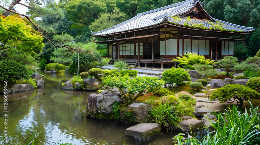 Tranquil Japanese Garden with Traditional Architecture and Serene Pond Reflections creating a Peaceful Atmosphere Tranquil Japanese Garden with Traditional Architecture and Serene Pond Reflections creating a Peaceful Atmosphere