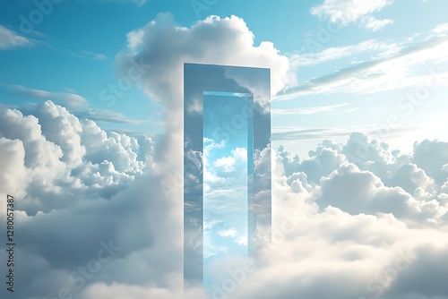 Floating portal above clouds, serene sky, gateway to another world
