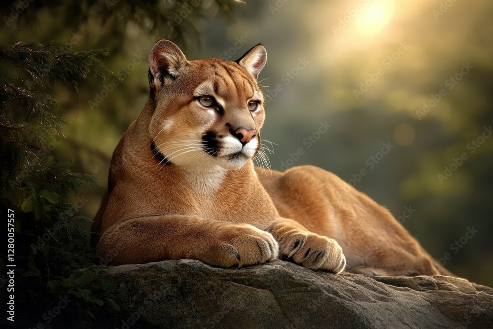 Obraz premium A majestic mountain lion resting peacefully on a rock in nature.