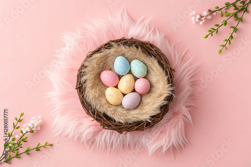Newborn photography digital backdrop. Easter eggs on pink background, fur and nest. photo