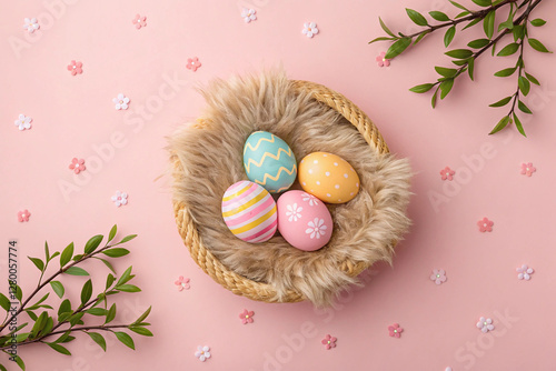 Newborn photography digital backdrop. Easter eggs on pink background, fur and nest. photo