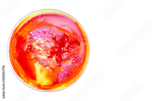 Abstract colorful bacterial colonies culture forming in a petri dish, displaying vibrant red, yellow, and orange microbial growth, perfect for scientific,healthcare, and microbiology concept.