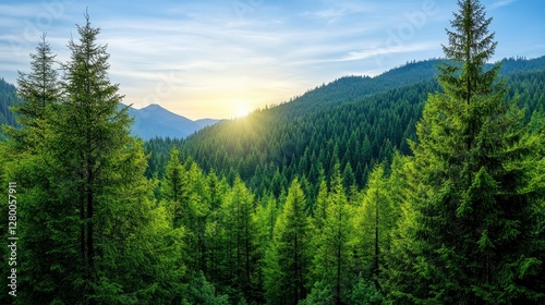 Serene Forest Landscape During Golden Hour in Mountain Region