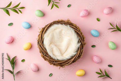 Newborn photography digital backdrop. Easter eggs on pink background, fur and nest. photo