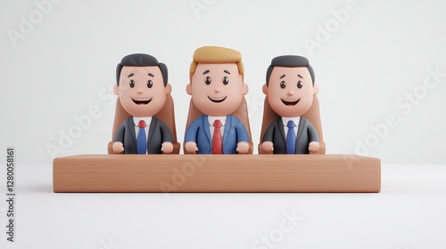 Three cartoon businessmen collaborating at a simple wooden table, symbolizing unity, teamwork, and partnership in business
