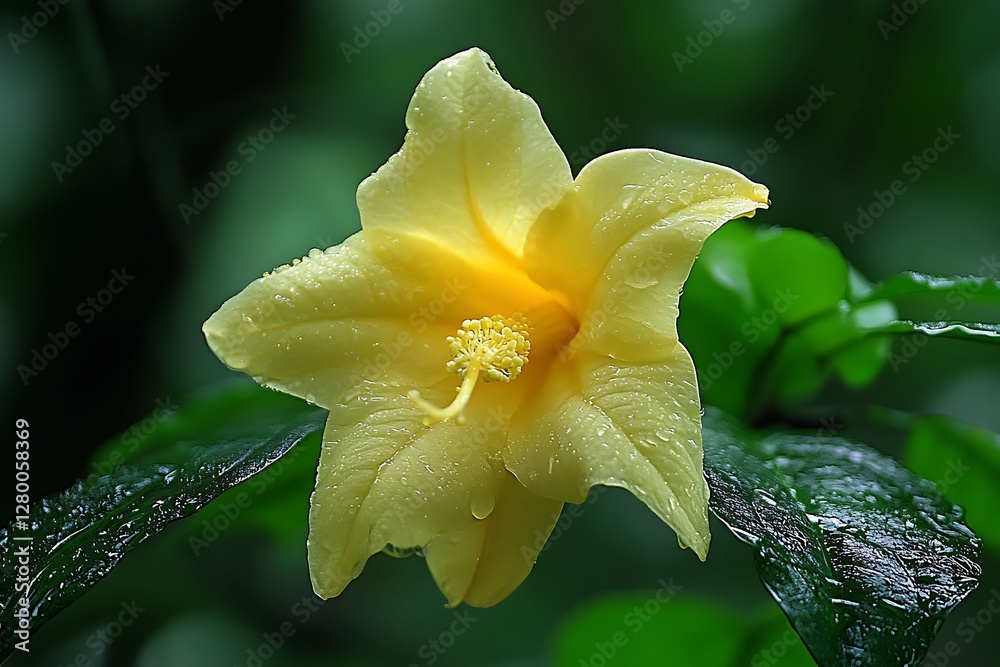Fototapeta premium Yellow flower, jungle, close-up, rain drops