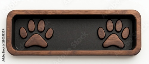 A wooden tray featuring cut-out paw prints, designed for pet lovers to showcase their affinity for animals. photo