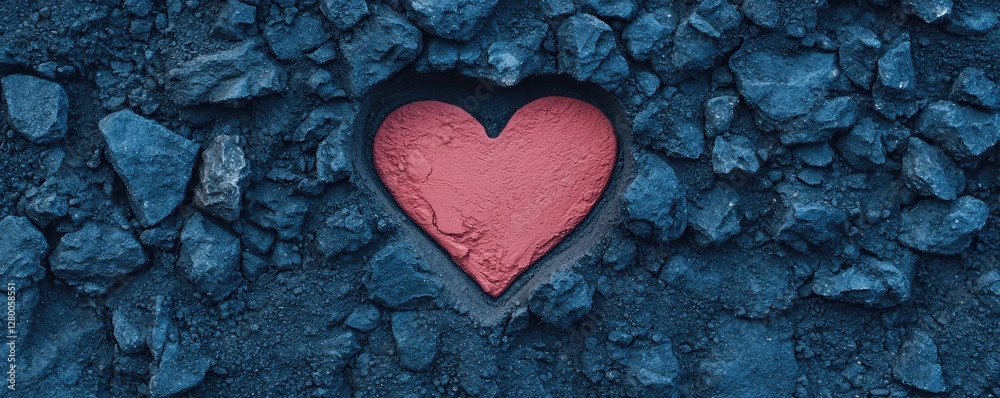 Obraz premium A red heart shape is embedded in a dark, rocky surface, symbolizing love and resilience amid harsh surroundings.