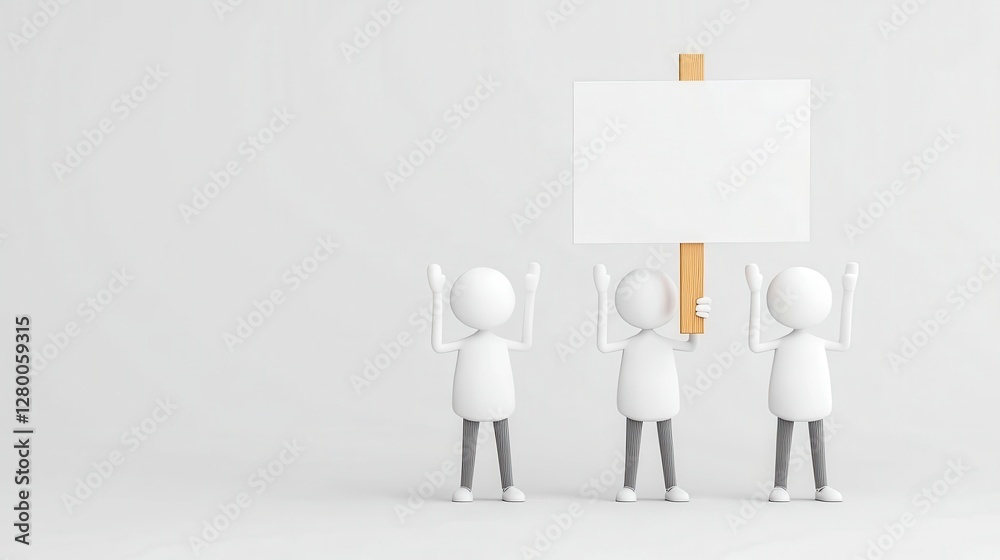 Three figures holding blank sign, conveying unity, protest or support. Minimalist 3D rendering, ideal for concepts related to advo Three figures holding blank sign, conveying unity, protest or support. Minimalist 3D rendering, ideal for concepts related to advo