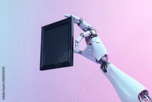 Pastel gradient backdrop complements a black frame in 3D, held slightly upward by a modern robotic arm.