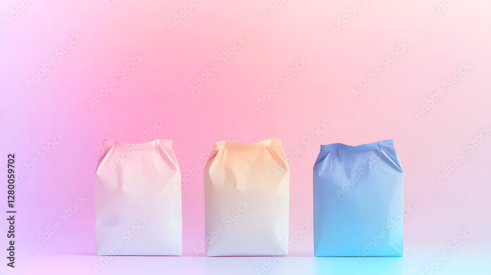 Three pastel-colored bags are arranged against a soft gradient background, creating a serene and modern aesthetic.