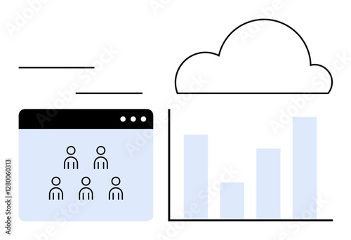 Browser window with user icons next to a bar graph inside a cloud outline. Ideal for teamwork, data analysis, cloud storage, user management, collaboration, SaaS tools, abstract line flat metaphor