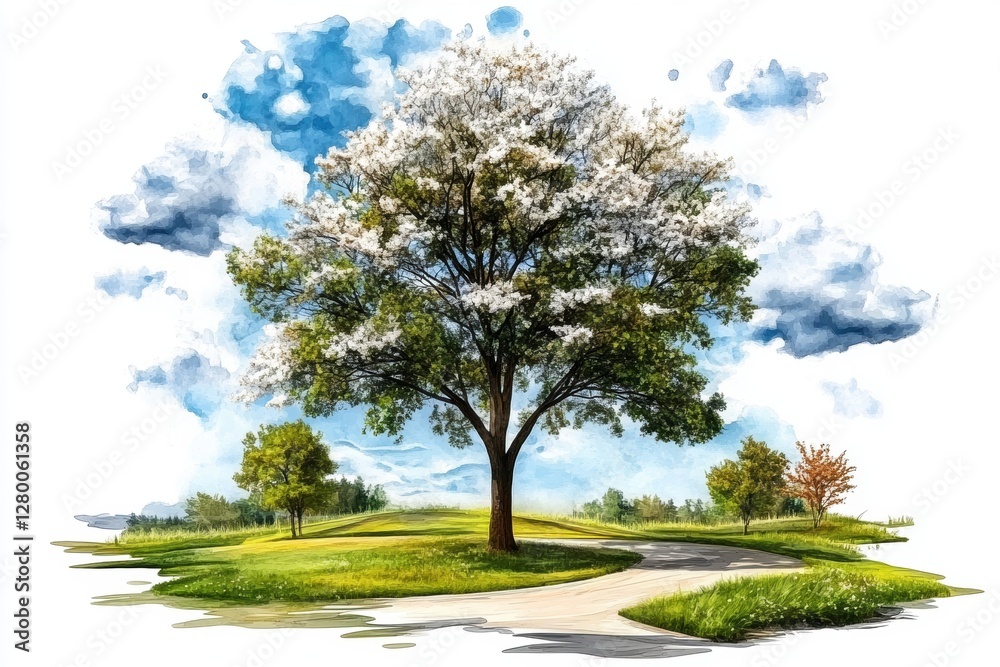 A beautiful spring landscape featuring a blooming tree and winding path. A beautiful spring landscape featuring a blooming tree and winding path.