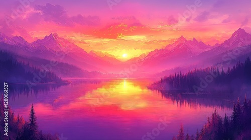 Vibrant purple mountain range reflecting dreamy sunset over calm water perfect for travel desktop background or motivational inspiration