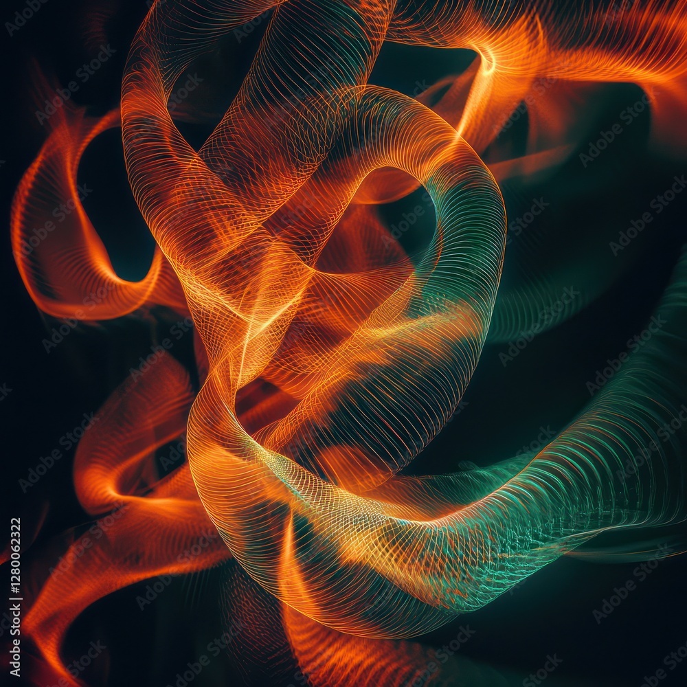Fototapeta premium Swirling neon lines in orange and emerald form abstract ribbon-like patterns, casting soft glows on a dark backdrop.