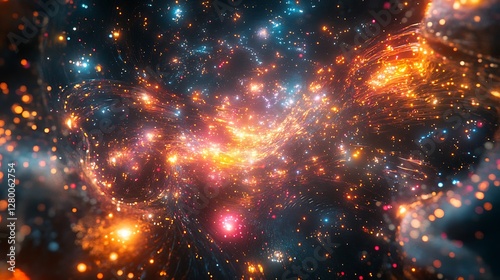 A futuristic neural network glowing with vibrant quantum energy, synapses firing in dynamic cascades of light, surrounded by radiant holographic grids and luminous cosmic particles,
