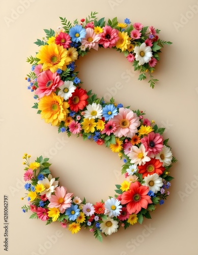 letter, S, floral, flowers, vibrant, colorful, artistic, elegant, design, organic, natural, red, yellow, pink, blue, white, blooms, green, leaves, accents, beige, background, soft, texture, warm, 