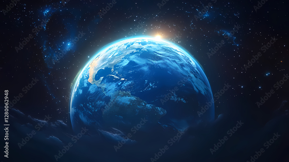 Obraz premium Earth from Space: A Mystical and Majestic View of North America and the Ocean's Glow Against a Black Starry Background