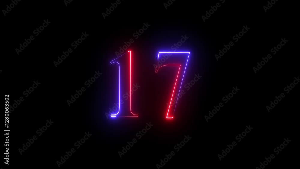 Neon number 17 on black background 4K animation. Neon dial number 17 glowing animation. 4K neon number seventeen Neon number 17 on black background 4K animation. Neon dial number 17 glowing animation. 4K neon number seventeen