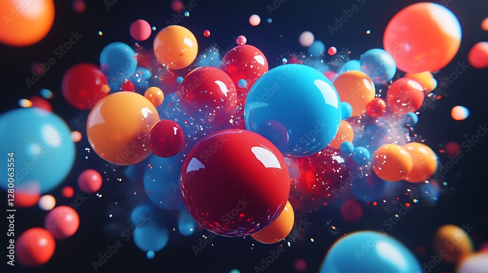 Colorful spheres exploding in dark space Colorful spheres exploding in dark space