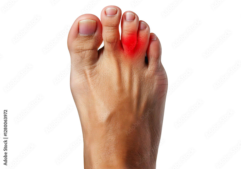 Inflamed toe (Turns slightly red) isolated on transparent or white background Inflamed toe (Turns slightly red) isolated on transparent or white background
