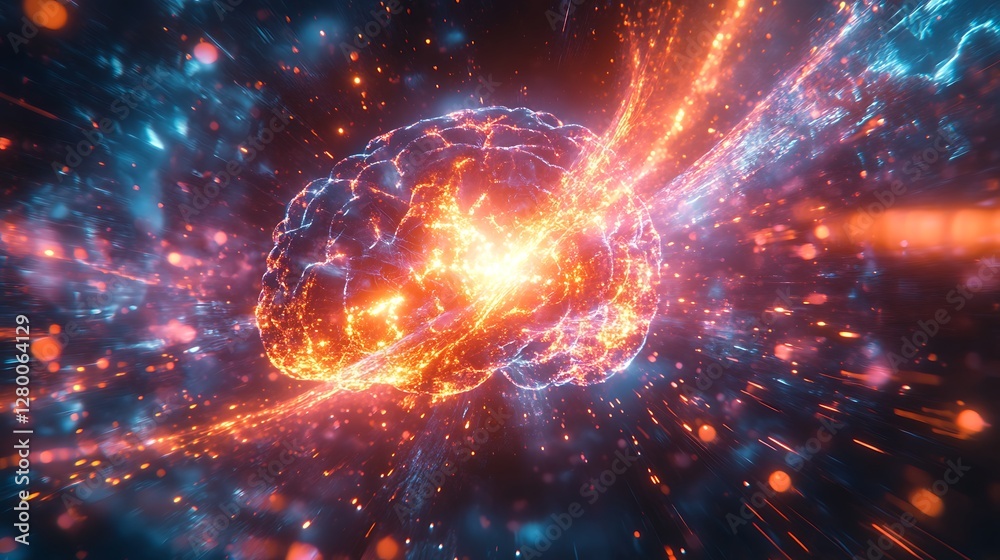 Obraz premium A glowing cyber brain, neural pathways entangled with radiant quantum particles, surrounded by dynamic holographic light waves and shimmering energy trails,
