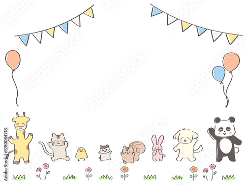 かわいい手描きの動物の誕生日フレーム　横型