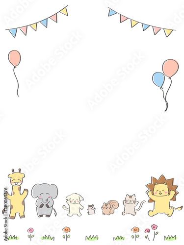 かわいい動物たちのお祝いフレーム　縦型　キツネ　ぞう　犬　ハムスター　ライオン　ねこ　リス