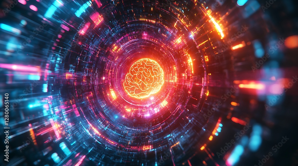 A glowing cybernetic brain surrounded by radiant quantum energy rings, intricate neural pathways illuminated with vibrant neon colors, dynamic energy waves pulsating outward, A glowing cybernetic brain surrounded by radiant quantum energy rings, intricate neural pathways illuminated with vibrant neon colors, dynamic energy waves pulsating outward,